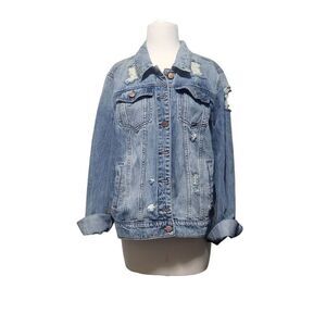 See Thru Soul Distressed Blue Jean Denim Boyfriend Jacket Women Size Medium